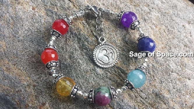 7 Chakra Bracelet OM Charm in Sterling Silver 925 with Ruby Zoisite, Citrine, & Aquamarine