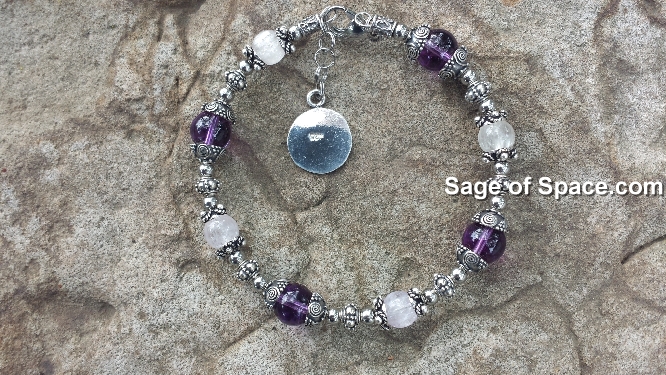 Third Eye Chakra Charm Bracelet in Sterling Silver 925, Kunzite, & Amethyst Quartz Crystal